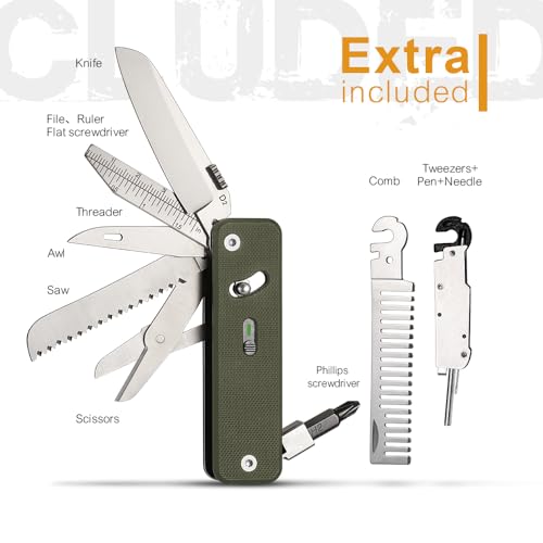 Image of ROXON S503G 9 in 1 Mini Multi Tool EDC Pocket Knife Multitool with G10 Handle,Scissors,Screwdriver,Threader,Awl, Flat Screwdriver,Ruler,Tweezers for Outdoors Fishing Camping,Gifts for Men (Green)