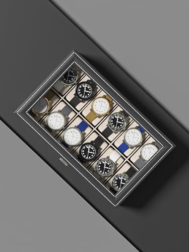 Image of Watch Display Case For Men,Leather Watch Organizer Box,Watch Travel Organizer Tray,Watch Collection Storge Holder For Women (Black Leather, 12 Slots)
