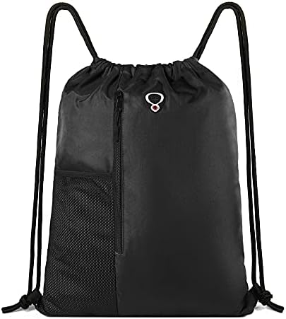 BeeGreen Black Drawstring Backpack Gym Bag For Men Women Sport String Backpack With Water Bottle Mesh Pockets And Two Zippered Pocket Large Cinch Sackpack Workout Bag For School, 16" x 20"