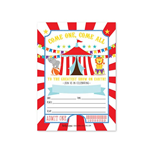 25 Carnival Circus Elephant, Lion Carousel Ticket Striped Kids Birthday Party Invitation, Vintage