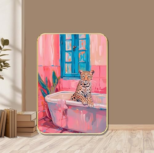 Image of Livin'luxe Bold Leopard in Bathtub Wall Art | Quirky Pink Bathroom Scene with Blue Window | HD Artistic Print with Golden Frame | Funky Animal Art for Living Room (13 x 19 Inch) MG01-885