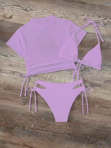 Image of Sexybody Women's 3 Piece Swimsuit Halter String Bikini Tie Side Mesh Short Sleeve Bathing Suits