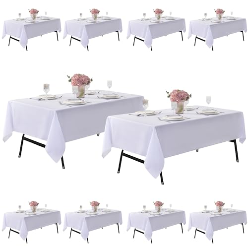 Image of 10-Pack 60x144 inch White Table Cloths, Solid Stain and Wrinkle Resistant Oblong Tablecloth, Premium Plain Weave Polyester Fabric Rectangle Table Linen Covers for Hotel, Banquet