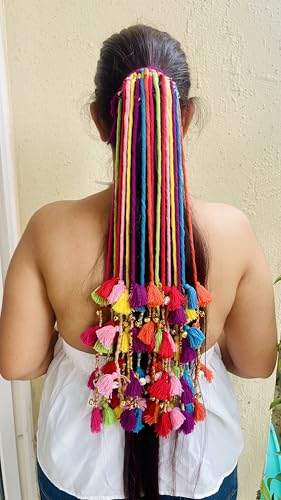Image of Zippy Flora Boho Handmade Colorful Hair Strings for Navratri | Ethnic Look Bohemian Styling Hair Accessories for Women & Girls | Multicolor Braided Hairband, Thread Hair Extensions for Festive Hairstyles (Phuljhadi String, Multi Bright Colors)