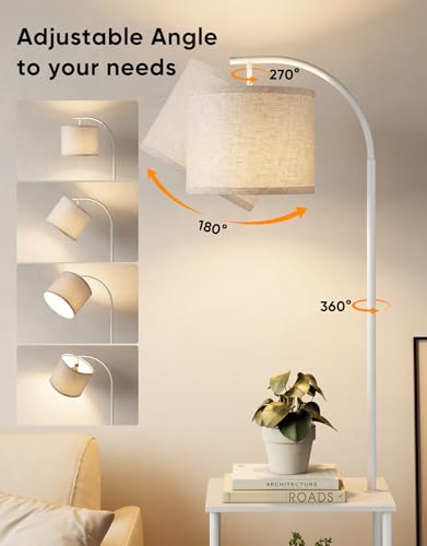 Image of PARTPHONER Floor Lamp with Table, Night Stand with Lamp, Narrow Side Table with 3CCT LED Bulb, Small Coffee Table, Modern End Table with Storage Shelves for Living Room Bedroom Home Decor, White