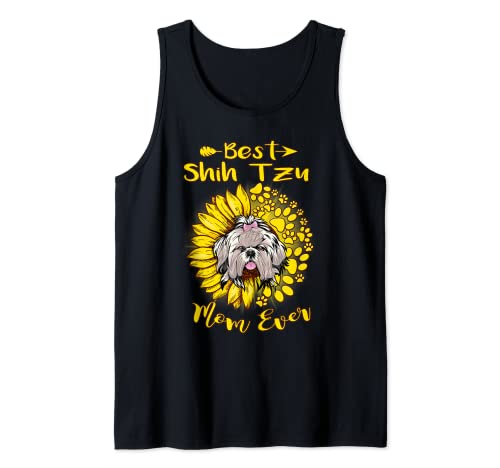 Best Shih Tzu Dog Mom Ever Sunflower Funny Paw Lover Camiseta sin Mangas