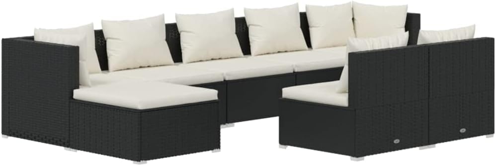9-Piece Patio Lounge Set with Cream Cushions Black PE Rattan Outdoor Furniture Set Modular Sectional Sofa for Garden Balcony Porch