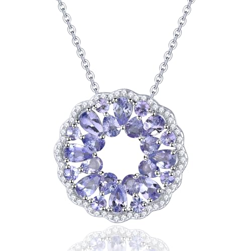 Pendant Necklace for Women S925 Sterling Silver Real Genuine Natural Gemstone Aquamarine Tanzanite Elegant Flower Style Birthstone Charm Women's Fine Jewelry for Her