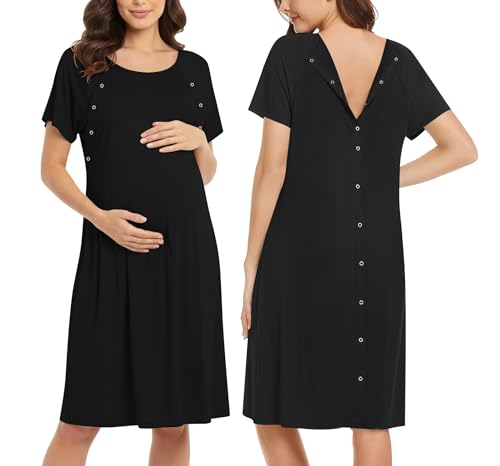 Image of Ekouaer Women’s Nursing/Delivery/Labor/Hospital Nightdress Short Sleeve Maternity Nightgown with Button S-XXL