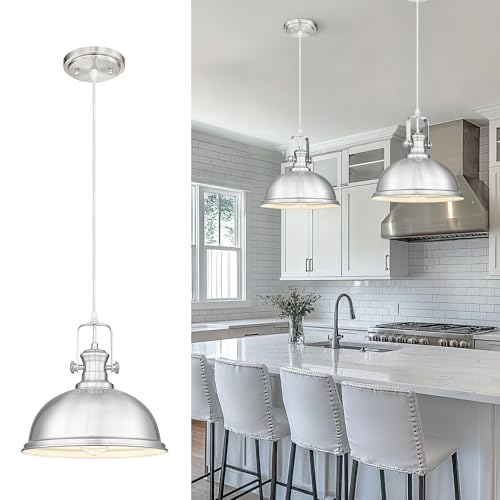 Image of 11.5 inch Brushed Nickel Pendant Light for Kitchen Island, Metal Shade | Industrial Vintage Hanging Light Fixture for Dining Room Entryway, Adjustable Height Cord, E26 Base, AD-2151-1PL-SN