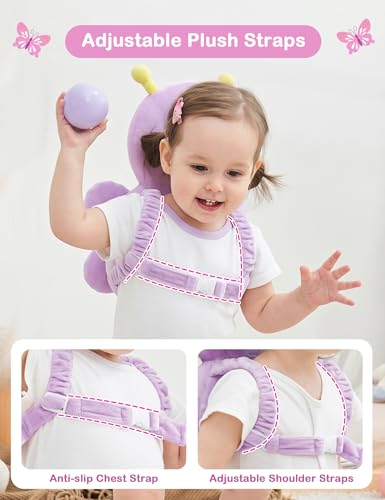 Image of JunNeng Baby Head Protector Backpack for Walking Crawling, Purple Butterfly | Soft, Breathable, Adjustable, Baby Fall Back Head Protector for Falling