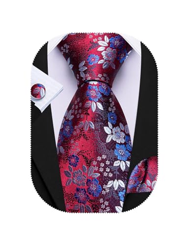 Image of Barry.Wang Flower Ties for Men Handkerchief Cufflinks Set Wedding Necktie Set Party
