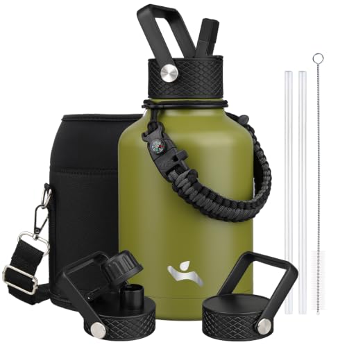 Image of Konokyo Insulated Water Bottle with Straw,50 oz 3 Lids Water Jug with Carrying Bag,Paracord Handle,Double Wall Vacuum Stainless Steel Metal Flask,Forest Green
