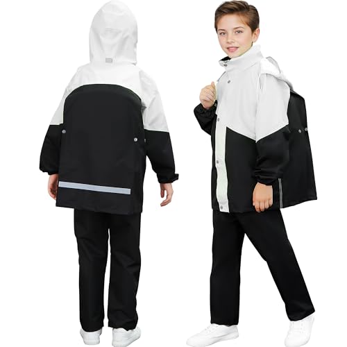 Baogaier Kinder Regenanzug Jungen Mädchen Regenjacke mit Kapuze und Regenhose Set, Leicht Wind-und Wasserdicht Jacke und Hose Anzug, Regenmantel für Camping Wandern, 11-12 Jahre, Schwarz Weiß