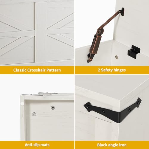 DWVO Storage Bench, 47.2" Farmhouse Storage Chest with 2 Safety Hinges, Wooden Utility Organizer, Shoe Bench for Entryway, Bedroom, Living Room, White and Walnut