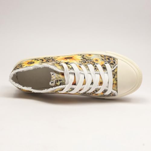 Canvas Low Top Sneakers, Sunflower Print Pattern, White Laces, Platform Sole2