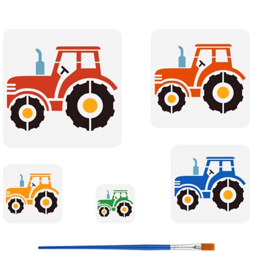 FINGERINSPIRE 5 Pz Stencil Trattori con 1 Pz Pennello in Plastica, 5 Stili Trattori Modello Pittura Stencil Plastica Trattore Veicoli Decorazione Stencils per Pittura su Legno Parete Tessuto Mobili