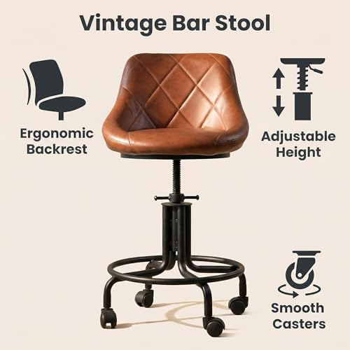Topower Silla Industrial Ajustable Altura para Cocina y Bar con Ruedas, Asiento de Cuero Sintético Marrón miniatura 7