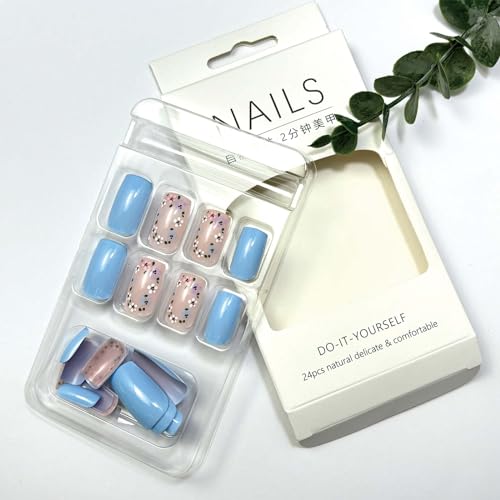 Image of Blue Press on Nails Medium Square Fake Nails with Colorful Flower Design Glossy Glue on Nails Nude Full Cover False Nails Artificial Acrylic Nails Stick on Nails for Women Girls Manicure Art 24Pcs