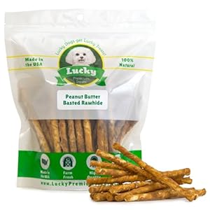 Lucky Premium Treats Peanut Butter Basted Rawhide – All-Natural Rawhide and Peanut Butter Dog Treats for Small Dogs, Gluten Free Premium Small Breed Dog Treats (25 Chews)