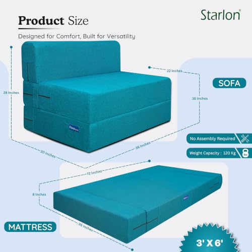 Image of Starlon 1 Seater Sofa Cum Bed Foldable 3-in-1 Sofa Bed with 1 Year Warranty, Washable Jute Fabric Cover | Aqua Teal 3x6 Ft
