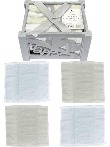 HOME ZEN HOUSEHOLD LINEN Cesto in Legno Shabby Chic con 4 Asciugamani in Cotone 30x30 cm, Idea Regalo (GRIGIO HAPPY)