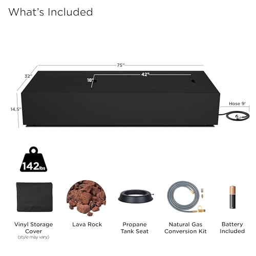 Image of Real Flame Aegean 72in Rectangle Propane or Natural Gas Fire Pit Table, 65,000 BTU, Powder-Coated Steel, Push-Button Ignition, CSA Certified, Stainless Steel Burner with Lid (Black)
