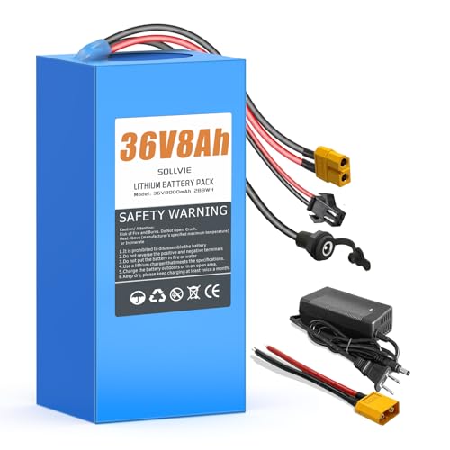 SOLLVIE 36V8Ah Lithium Battery Pack Built-in 30A BMS(0-750W Motor) Includes 2A Charger XT60&SM Connector for Jetson Bolt Pro and DIY Projects 7.48x2.75x2.75 in