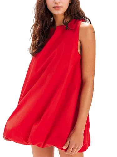 Women Summer Sleeveless Bubble Mini Dress Keyhole Tie Back Short Sun Dress Casual Sundresses with Pockets