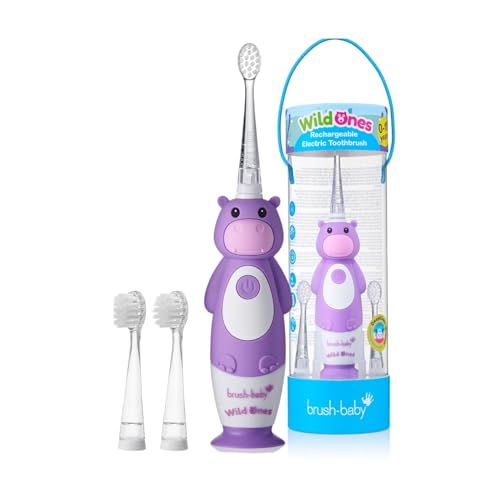 Brush-Baby – Wiederaufladbare Elektrische Kinderzahnbürste, 0–10 Jahre – WildOnes, Nilpferd-Design mit Blinklichtern – DeepClean-Borsten für Gründliche Reinigung – 2 Ersatzköpfe & 1 USB-Kabel