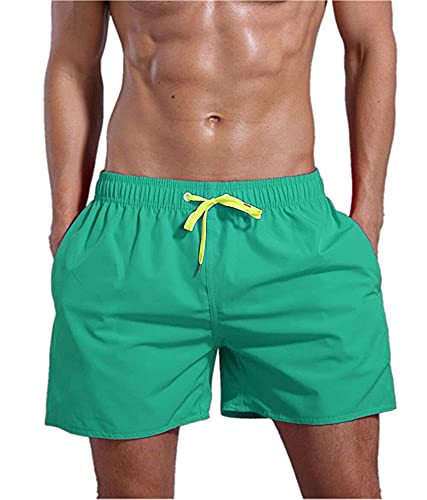 Men's Summer Casual Beach Swim Trunks Drawstring Quick Dry Pure Cotton Shorts Slim fit Lightweight Side Pockets Short (Green,Medium)