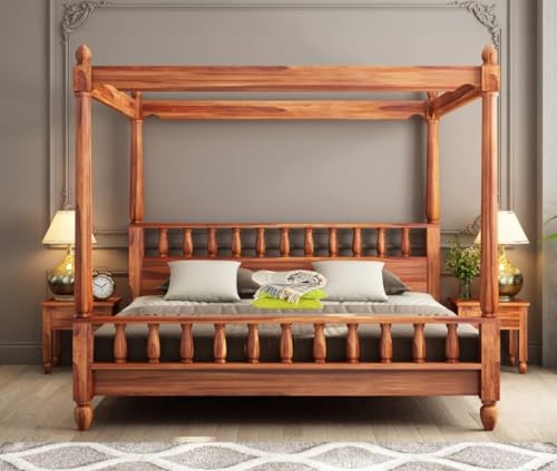 Image of Sheesham Wood Queen Size Poster Bed Wooden Double Bed Cot Bed Furniture for Bedroom Home and Hotel (Honey Finish- Queen Size)