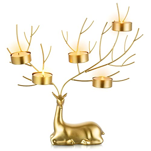 Sziqiqi Reno Animal Portavelas, Ciervo de Metal 5 Portavelas para Centro de Mesa Navideño Regalo de Ciervo Decorativo para Sala de Estar Chimenea Mesa Ornamento