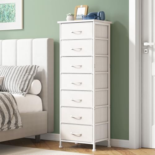 Fixwal Tall Narrow White Dresser for Bedroom Storage Dresser Organizer in Closet with 7 Fabric Drawers Nightstand for Dorm