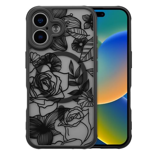 XIZYO Magnetic Case for iPhone 17 6.3 Inch Compatible with MagSafe, Frosted Translucent Rose Floral Flower Pattern Shockproof Cover, Soft TPU Bumper Protective Phone Case, Black