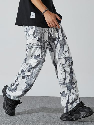 Camouflage Cargo Pants, Drawstring Waist, Forest Leaf Pattern, Casual Outdoor Wear2