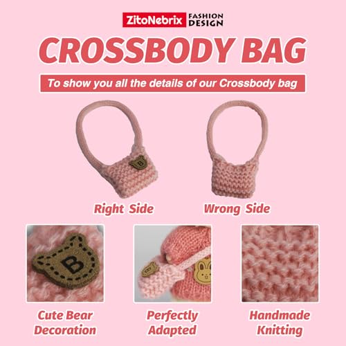 cloth for 15cm  17cm doll5-piece handcrafted crochet clothes outfitno doll - light pink clothes  light pink bear-shaped velvet hat  glasses  shoulder bag  white canvas shoes