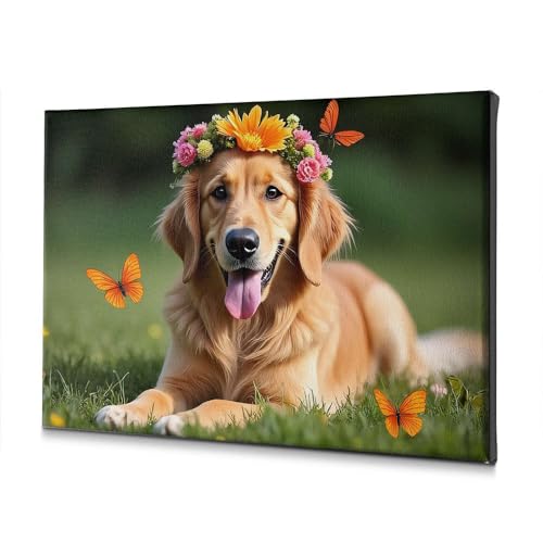 Toile golden retriever fleurie pour créer un cocon zen dans votre chambre