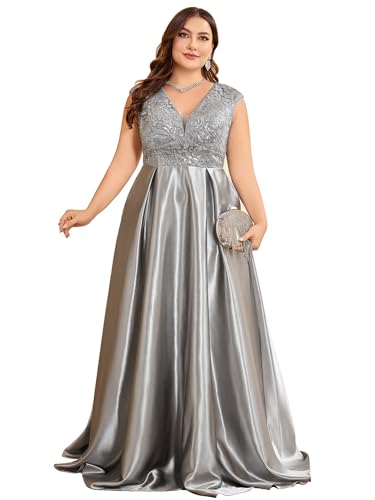 Image of Plus Size Satin Mother of the Bride Formal Gown for Wedding Sleeveless V-Neck Evening Dress