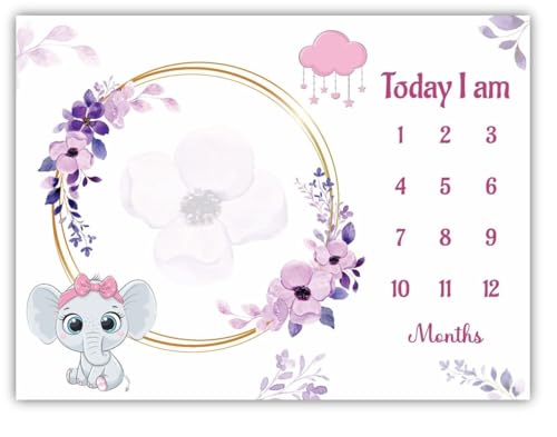 Image of Baby Monthly Milestone Blanket | 1-12 Months | Elephant Lavender Floral Edition | Ideal for Newborn Boys & Girls | Perfect Growth Tracker & Photoshoot Prop with Floral Wreath | 120x90 cm