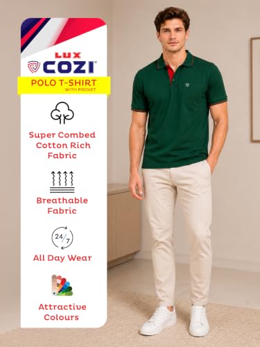 Image of Lux Cozi Men's T-Shirt with Chest Pocket | Polo T-Shirt for Man | Plain Casual Stylish | Half Sleeve| Cotton Blend Collar Polo T-Shirts for Men