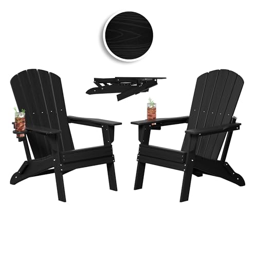 Plawdlik Folding Adirondack Chair, Cup Holder, SGS Tested, Wooden Textured，Heavy All-Weather HDPE...