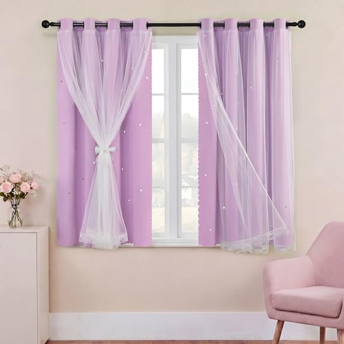 Image of XiDi Purple Curtains for Bedroom Living Room 2 Panels Thermal Insulated Kids Blackout Curtain Hollow-Out Star Window Nursery Girls Curtains 45 inches Length Room Darkening Grommet W52 x L45