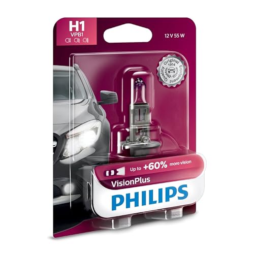 Philips Automotive Lighting H1 VisionPlus Upgrade Automotive Replacement Headlight Bulb with up to 60% More Vision, Fits Select High Beam, Low Beam, or Fog Positions (Pack of 1)