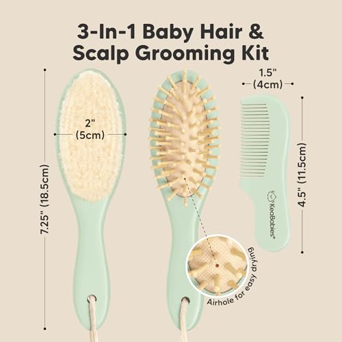 Image of Wooden Baby Hair Brush Set for Newborns, Toddler Comb (Sage, Regular) | Soft Goat Bristle, Baby Brush and Comb Set, Infant Grooming Kit, Cradle Cap Care, Durable & Gentle, Boy, Girl Bath Essential