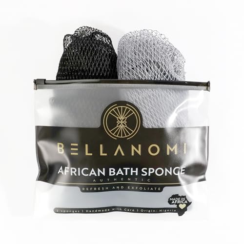 BELLANOMI African Exfoliating Net Sponge 2-Pack Sapo Authentic & Ethically Sourced 45 Long Back Scrubber Quick-Dry 100% Nylon Gentle Exfoliation Great for Daily Use (Black & Slate)