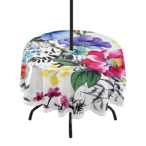Bulletgxll Flowers and Leaves 60 Inch Outdoor Round Tablecloth Waterproof Wrinkle Resistant Table Cover with Umbrella Hole and Zipper for Dining Garden Party Picnic Camping