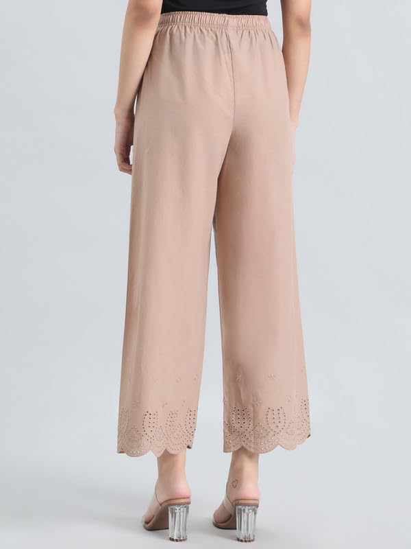 Image of GO COLORS Women's Cotton Hakoba Palazzo | Ankle Length, Schiffli Embroidery, Relaxed Fit, Mid-Rise with Side Pocket
