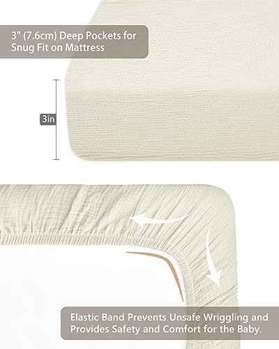 Image of Pack and Play Sheets for Baby Boys and Girls 39 inchx27 inchx3 inch, Neutral Muslin Cotton Pack N Play Mattresses Sheet with Boho Style, Soft and Breathable Comfort (Cream)