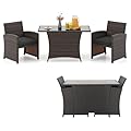 Tangkula 3 Piece Patio Wicker Dining Set, 2 Rattan Chairs with Rectangle Tempered Glass Dining Table, Outdoor Conversation Set with Cushions for Backyard, Porch, Poolside (Black)